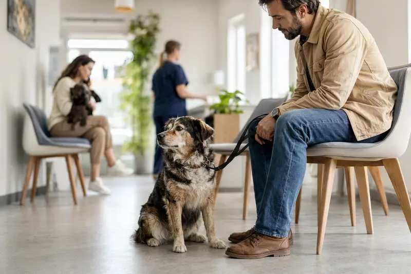 Ein Maneto Hund sitzt ruhig neben seinem Besitzer im hellen Wartezimmer einer modernen Tierarztpraxis.